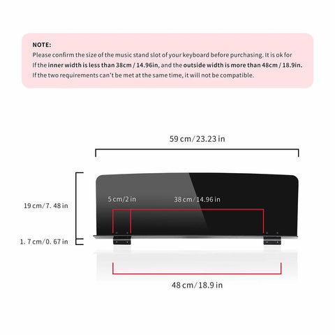 Diagram showing dimensions of Universal Sheet Music Stand With Silicone Gasket Kit For Wide Slot Keyboards, 59cm/23.23in length.