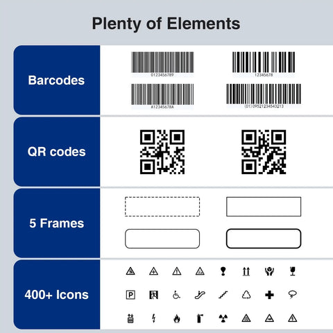 Ultra Handy Mini Portable Label Maker With Heat Shrink Tubes For Home Garage And Office Organization Rechargeable 1200mAh Battery Gives Weeks Of Use Supports Cable Continuous And Fixed Size Labels. Barcodes, QR codes, 5 frames, 400+ icons.