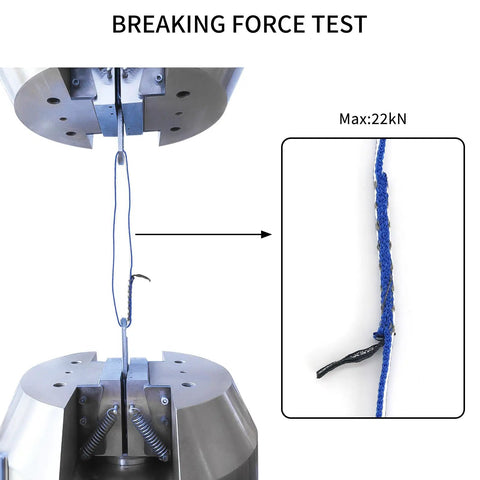 Breaking force test of Dyneema Climbing Slings 10mm 22kN 4840lb Runners Blue 24in 60cm showcasing strength and durability