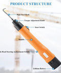 Diagram of Automatic Rebar Tying Machine With 2600mAh Battery, Electric Rebar Tie Wire Twister Tool highlighting parts like hook, knob, and battery.