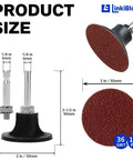 150 Pieces 2 Inch R Type Quick Change Aluminum Oxide Sanding Discs Set 36 Grit with adapters, backing pad and dimensions.
