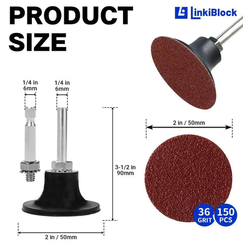 150 Pieces 2 Inch R Type Quick Change Aluminum Oxide Sanding Discs Set 36 Grit with adapters, backing pad and dimensions.