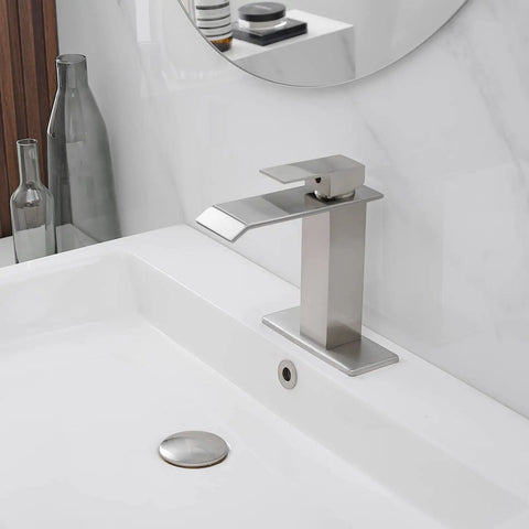 Swanky Brushed Nickel Waterfall Bathroom Faucet With Single Handle For Modern Sinks And 1 Or 3 Hole Installations