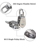 Eight Piece M15 Cable Pulleys Set For Single Pulley Block Hanging Wire Towing Wheel Swivel Lifting Wire Rope Roller Heavy Duty Stainless Steel 360 Degree Rotation, M15 stainless steel single pulley block with 360-degree swivel