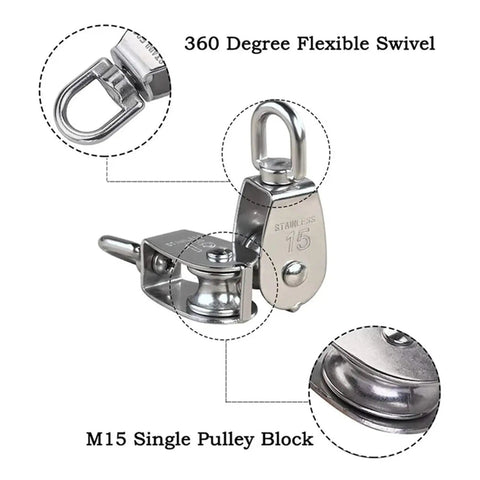 Eight Piece M15 Cable Pulleys Set For Single Pulley Block Hanging Wire Towing Wheel Swivel Lifting Wire Rope Roller Heavy Duty Stainless Steel 360 Degree Rotation, M15 stainless steel single pulley block with 360-degree swivel