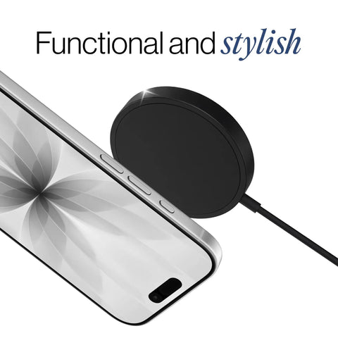 Dope Wireless Charger Pad 15W For iPhone AirPods And Android Devices MagSafe Compatible shown with phone