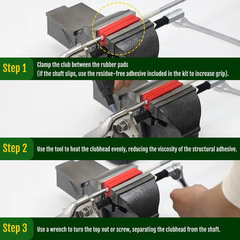 Three Size Adjustable Golf Shaft Puller And Club Shaft Extractor in action, step-by-step shaft removal process