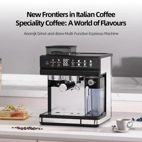 Heavy Gauge Stainless Steel Espresso Machine With Built In Burr Grinder Semi Automatic Coffee Maker Churning Out Smooth Shots For The Daily Grind Stress Free on countertop with coffee.