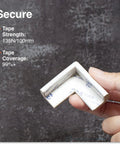 Close-up of Slimfit Corner Edge Protector showing 3M adhesive and secure fit, ideal for baby proofing furniture edges, oyster white.