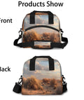 Front and back view of Desert Landscape Insulated Lunch Bag for women and men, durable thermal cooler tote with desert design and adjustable strap.