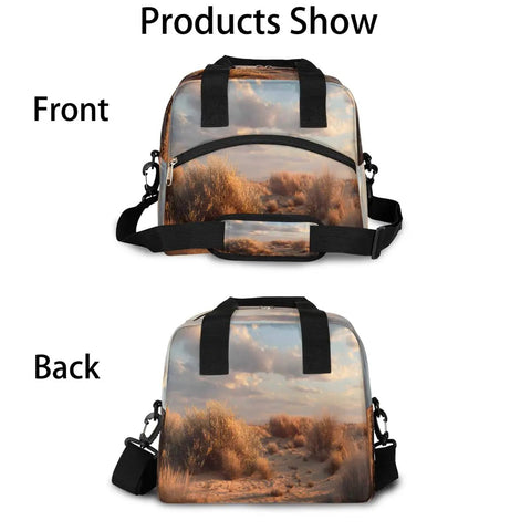 Front and back view of Desert Landscape Insulated Lunch Bag for women and men, durable thermal cooler tote with desert design and adjustable strap.
