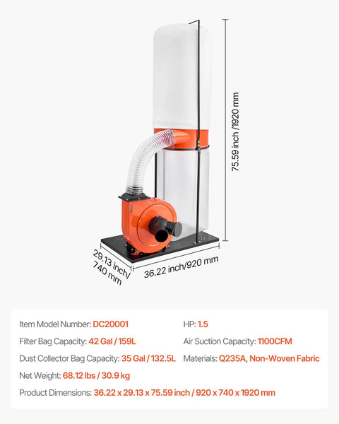 Beast 1100 CFM Dust Collector for Woodworking, orange and white with 42-gallon filter bag, 1.5 HP motor, 2.5-micron Vortex Cone.