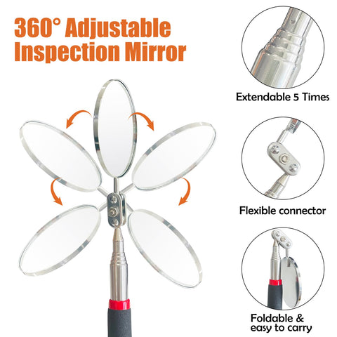 360 degree swivel inspection mirror from 4 Piece Magnetic Telescoping Pick Up Tool Set With Extendable Rods 3 Lb 8 Lb And 20 Lb Magnets