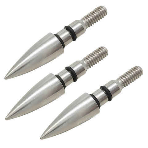 Three stainless steel archery field points from 12 Pack Pro Grade Archery Field Points Set With Five Sixteenth Inch Diameter, 100 125 150 Grain, Screw In Tips.