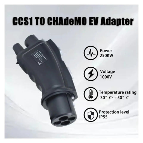 Fast Lane 250A Power Delivery With This Dependable Ccs Combo One To Chademo Dc Ev Adapter showing outlet, power, voltage, and specs.