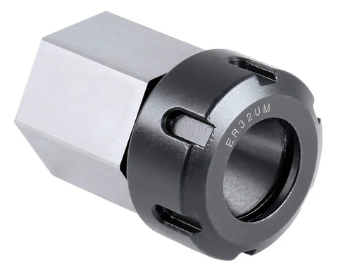 Hardened ER32 Collet Chuck Block For CNC Machines With Slotted Collet Nut Included, Hex Style Precision Tooling, close-up view