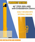 46 Inch Removable Steel Safety Bollard With Bright Yellow Powder Coat Embedding Sleeve No Sweat Swap Locking Ring displayed with padlock