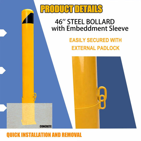 46 Inch Removable Steel Safety Bollard With Bright Yellow Powder Coat Embedding Sleeve No Sweat Swap Locking Ring displayed with padlock