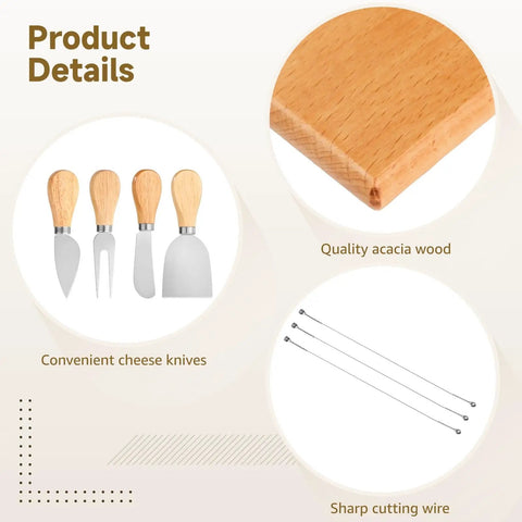 Professional Wood Cheese Slicer And Cutting Board Set Featuring Four Adjustable Wire Blades For Effortless Hard And Soft Cheese Slicing A Top Shelf Kitchen Essential That Makes Food Prep Hit Different with acacia wood base and cheese knives.