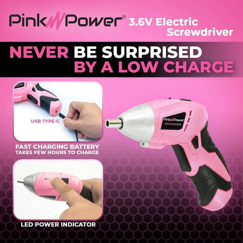 Cordless Screwdriver Kit In Pink With 3.6V Rechargeable Battery, LED Light, Portable design shown with USB Type-C charger