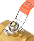 Close-up of Heavy Duty Brass Ball Valve DN40 with orange handle, designed for controlling water, oil, and gas flow.