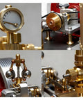 Close-up of Darn Fine Brass DIY Steam Engine Kit includes gauge, motor components, and brass parts for educational builds.