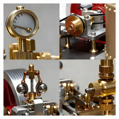 Close-up of Darn Fine Brass DIY Steam Engine Kit includes gauge, motor components, and brass parts for educational builds.