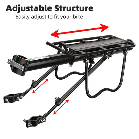 Rear Bike Rack With Quick Release Cargo Carrier For Mountain And City Bikes, adjustable aluminum alloy frame, 55 lb capacity