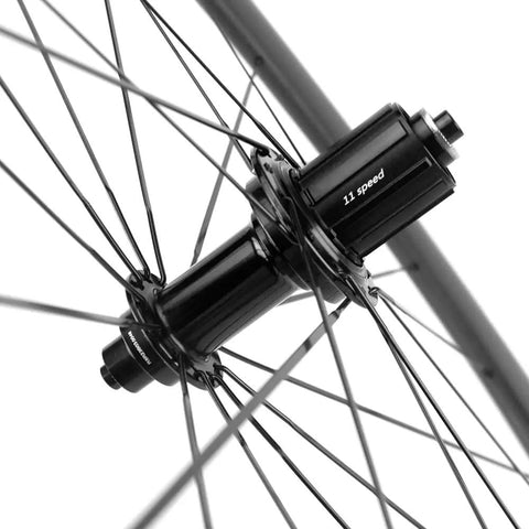 Close-up of Shimano hub on Pro Grade Carbon Fiber Road Bike Wheels 50mm Clincher Wheelset 700C Racing Aero Beasts.