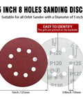 Two 5-inch hook-and-loop sanding discs with 8 holes, red abrasive side and printed P120 backing for orbital sander.