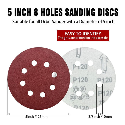 Two 5-inch hook-and-loop sanding discs with 8 holes, red abrasive side and printed P120 backing for orbital sander.