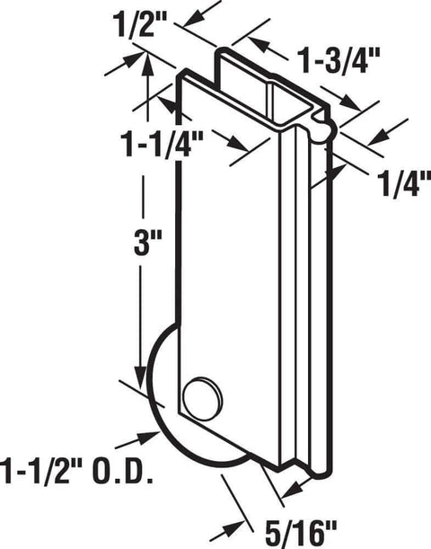 Diagram of Mirror Door Roller Assembly For Sliding Closet Doors With 1-1/2 Inch Concave Ball Bearing Plastic Wheel And Aluminum Housing Compatible With 500 Series Aluminum Framed Doors with dimensions