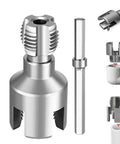 Versatile 4 In 1 Water Pipe Wrench With Integrated Internal And External Threading Tool Compatible With Electric Drill For PVC Pipes Including 1/2 3/4 And 1 Inch Sizes, showing chrome vanadium steel cutter and drill adapter.