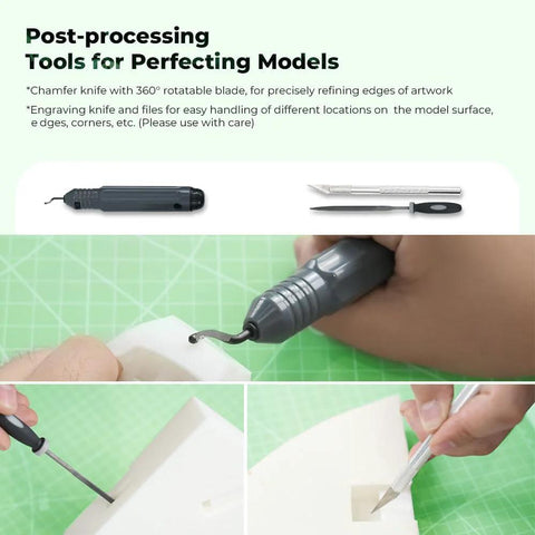 3D printer tool kit with gray rotary tool, knives, spatulas, and files for finishing prints
