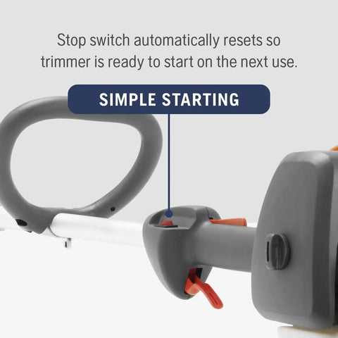 Gas String Trimmer 22cc 2-Cycle Lightweight Weed Eater With 17 Inch Straight Shaft And T25 Head, close-up of handle and start features