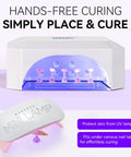 Holographic Nail Stand Kit for Press On Nails with Magnetic Holder curing under UV lamp, includes flower and long bases.
