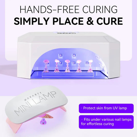 Holographic Nail Stand Kit for Press On Nails with Magnetic Holder curing under UV lamp, includes flower and long bases.