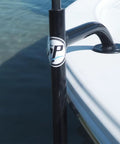 Heavy-Duty Bow Mount Anchor For Shallow Water Deployment, Marine-Grade Aluminum Deck Mount With Black Powder Coat installed on boat deck.