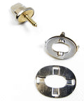 Premium Nickel Plated Brass Curtain Fasteners With Five Eighths Inch Screw Studs and mounting pieces for drapes or blinds.