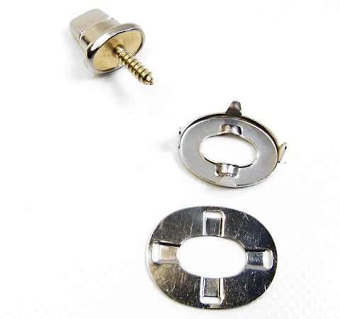 Premium Nickel Plated Brass Curtain Fasteners With Five Eighths Inch Screw Studs and mounting pieces for drapes or blinds.
