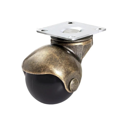 Smooth Rolling Antique Brass Swivel Casters Set Of Four Heavy Duty Two Inch Ball Caster Furniture Wheels For Vintage Sofas And Heavy Loads Top Shelf Build No Sweat Setup close-up view of a single brass caster wheel with black ball.