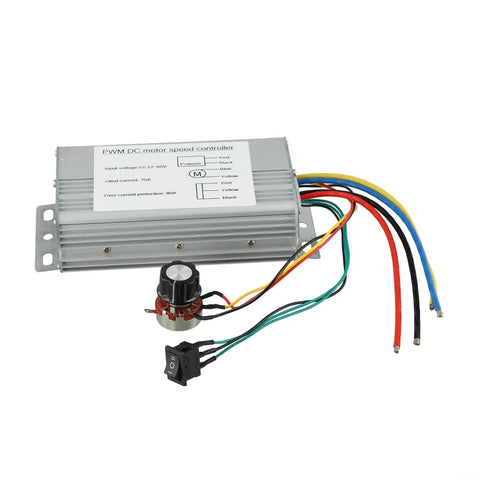 Beefy 70A DC Brushed Motor Controller With Forward Reverse Control For 12V-48V Systems, 4000W Capacity, Wide 10V-60V Input, Ideal For Industrial Automation, Pumps, Conveyors, And Robotics. Aluminum PWM controller with wiring, knob, and switch