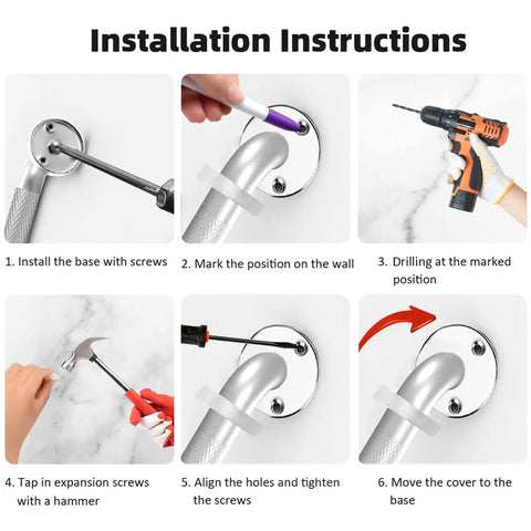 Installation steps for Heavy Duty Metal Stair Handrail Built Like A Tank For Wall Mounted Safety Grab Bar and Step Support.