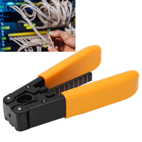 Fiber Optic Cable Stripper Pro Grade Compact Lightweight Cutting Tool For Outdoor Use Easy Carry Quick Outer Jacket Removal Without Damaging Core Great For Field Techs And DIY Pros One Unit. orange hand-held fiber optic cable stripper with PVC grip