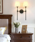 Classic Rustic Double Wall Sconce Lighting Fixture With Flared White Textile Shade And Black Long Arm For Bedroom Bathroom And Hallway