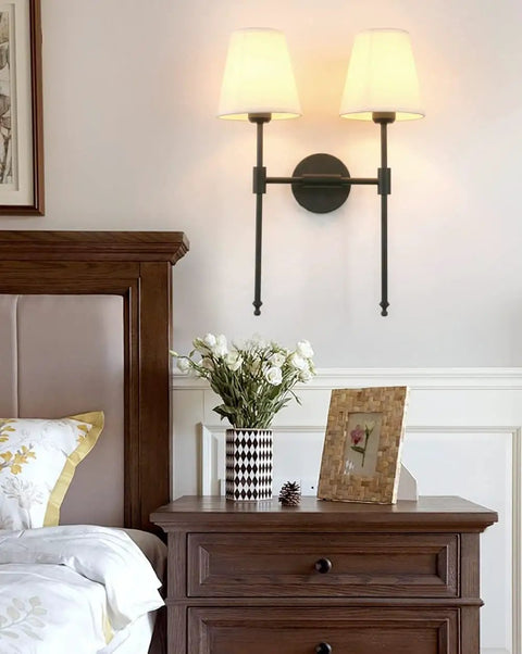 Classic Rustic Double Wall Sconce Lighting Fixture With Flared White Textile Shade And Black Long Arm For Bedroom Bathroom And Hallway