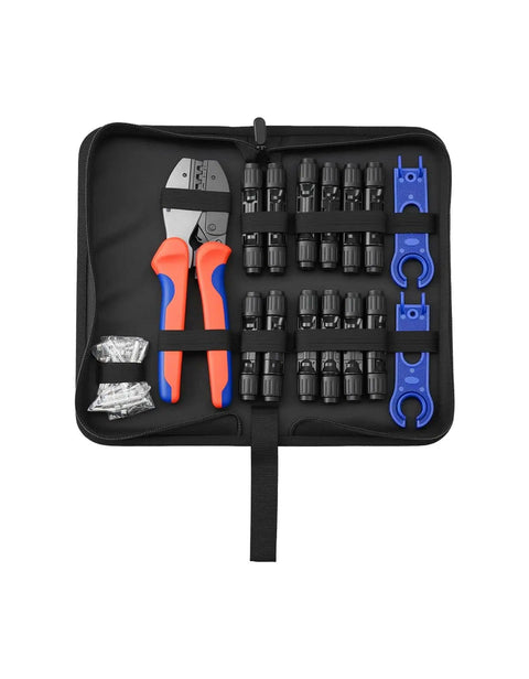 Open Solar Crimping Tool Kit For DIY PV Installations With 12 Connector Pairs, 2 Spanner Wrenches, And 14-10 AWG Crimping