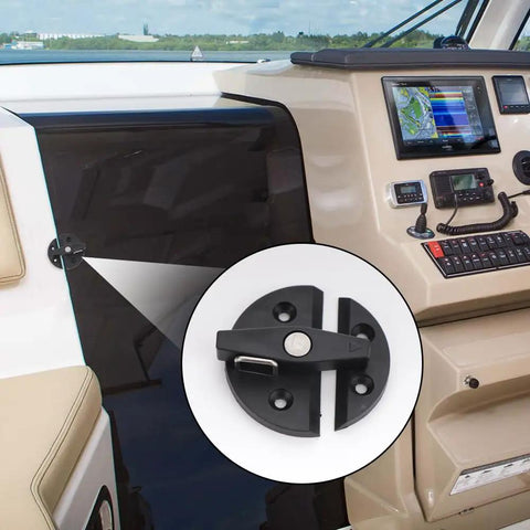 Boat cockpit with 2 Pack Boat Door Hatch 2-1/4 Inch Round Turn Twist Button Catch Latch For Doors Cabinets Marine Grade Nylon Black.