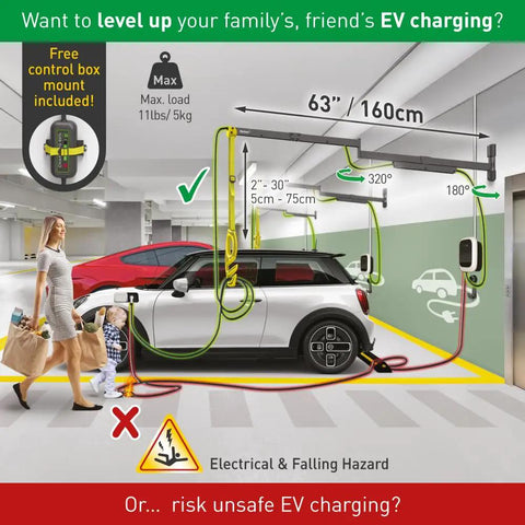 Heavy Duty EV Charging Cable Wall Mount Retractor Arm With Badass Weatherproof Zinc Coating For Indoor Outdoor Electric Vehicle Cord Management and Clean Safe Driveway Setup in garage.