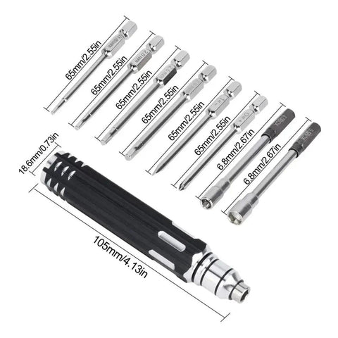 8 in 1 Magnetic Screwdriver Set for RC Models, Drones, Planes, Small Hobby Repairs with steel bits and handle dimensions